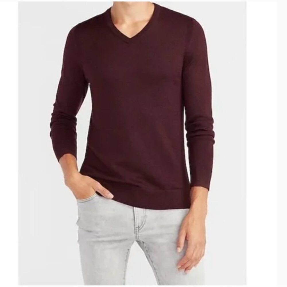 Express Purple / Wine V-neck Merino Wool Blend‎ Sweater - Men's Medium